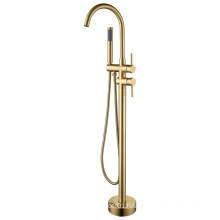 Gold Rounded Floor Mount Bathtub Faucet With Spray
